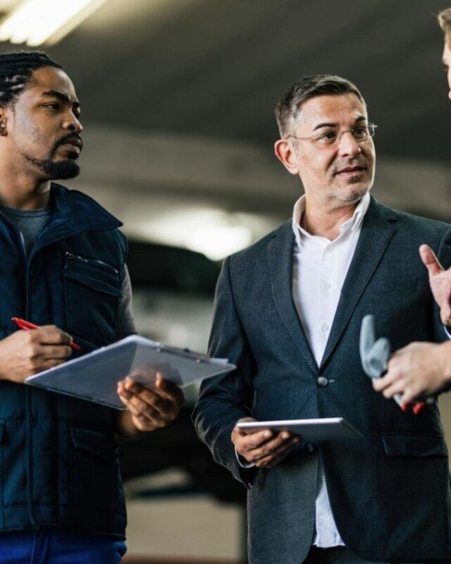 Supervisor conversa con dos técnicos en el taller durante una inspección de mantenimiento de flota